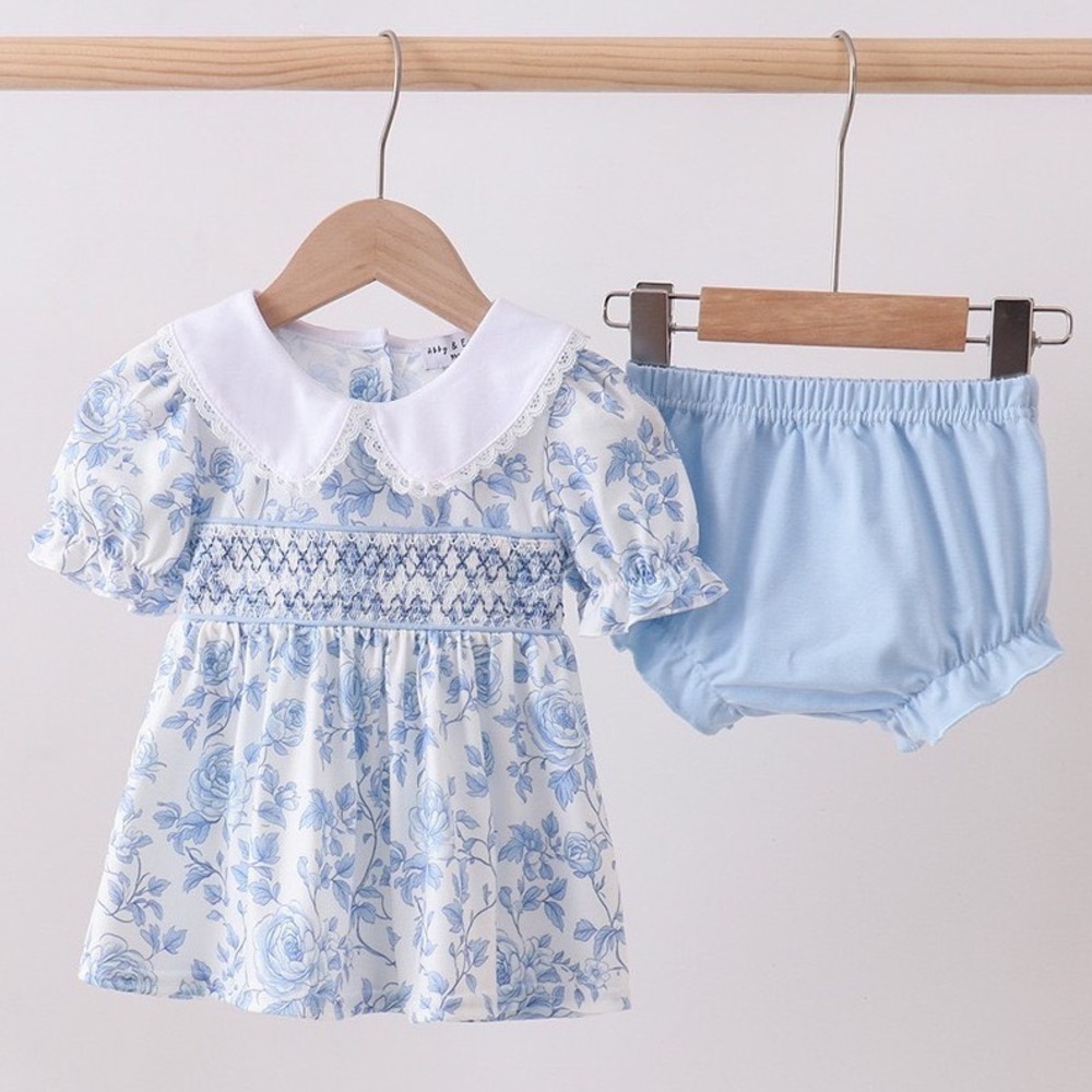 Abby & Evie Baby Girl Smocked Floral Dress and Bloomers Set Blue White 12M NWT